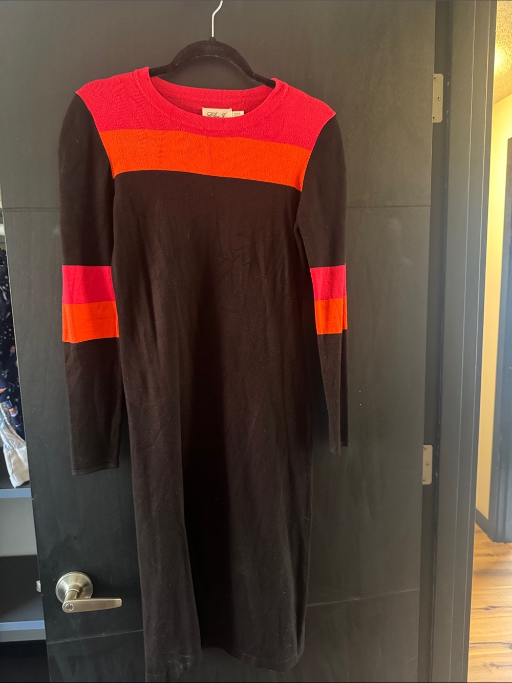 Eliza J Black Knit Dress with Pink and Orange Colorblock Stripes